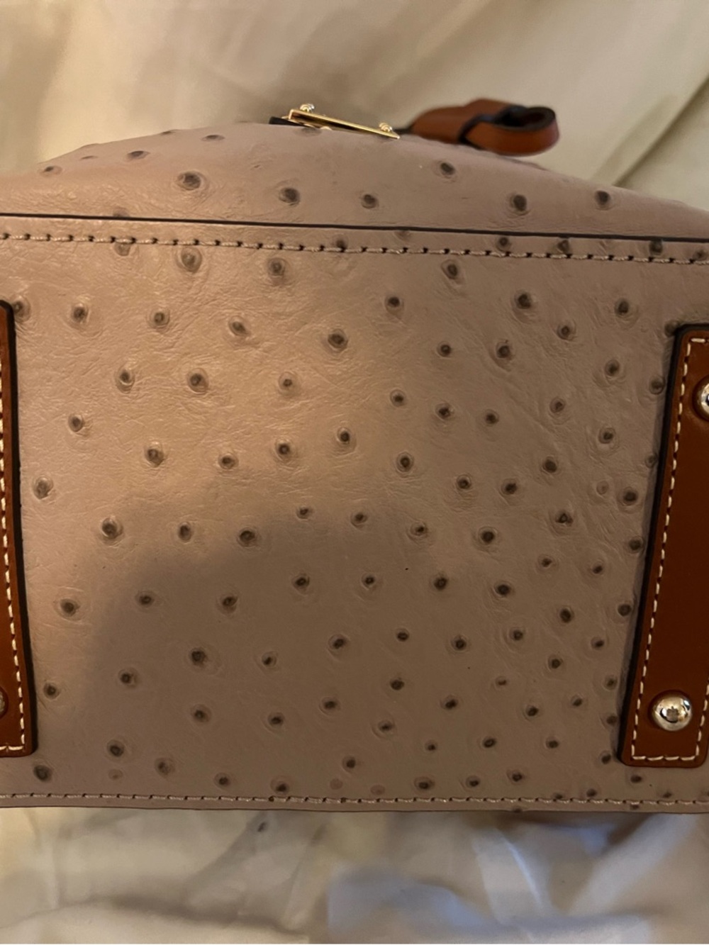 Dooney & Bourke Taupe Ostrich-Embossed Bucket Bag with Tan Trim - Picture 3 of 4
